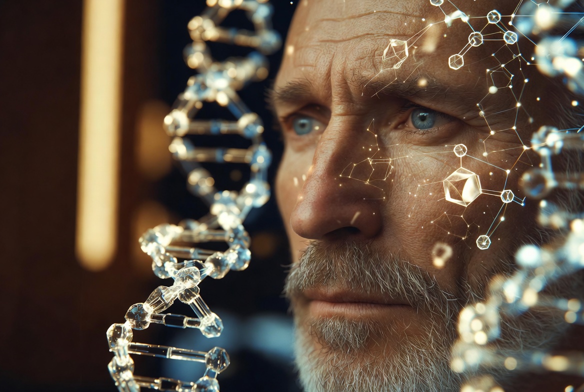 Elderly man, dna helix and molecules