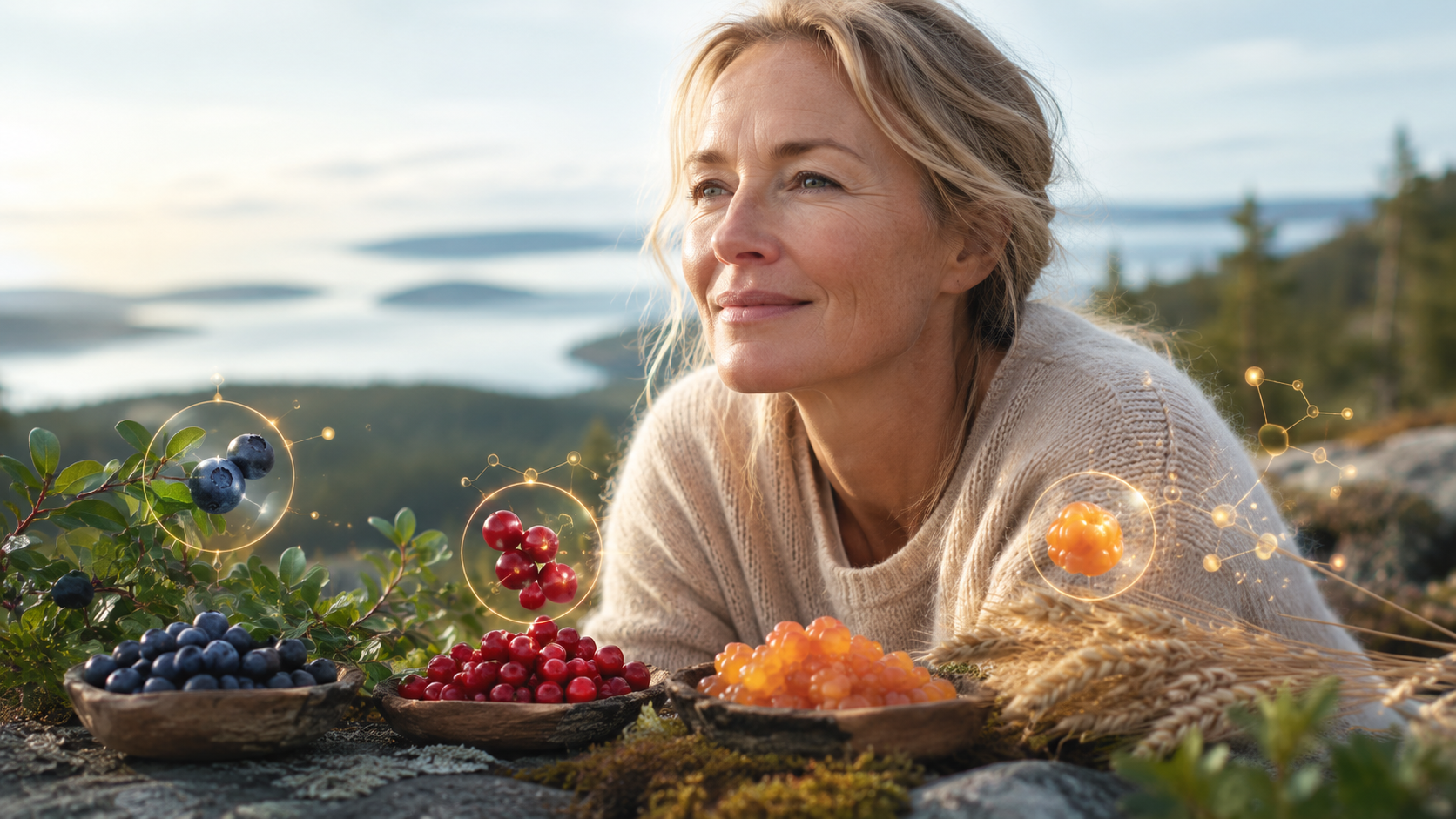 Woman at High Coast Sweden and healthy berries